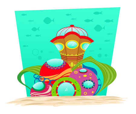 Underwater Observatory - Colorful and surreal underwater observatory with silhouette of fish in the background. Eps10のイラスト素材