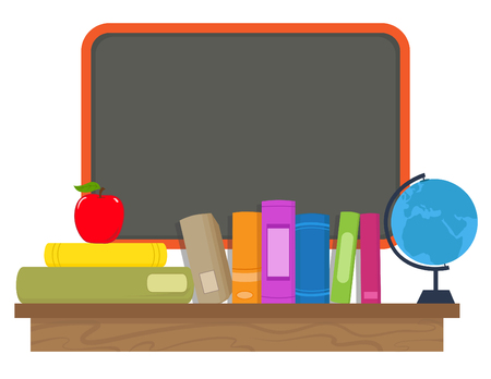 Books and Chalkboard  Cartoon books apple and a glove are standing on a wooden shelf in front of a blank chalkboard.のイラスト素材