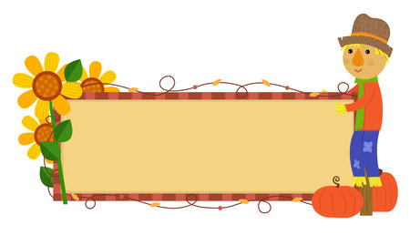 Scarecrow Fall Banner - Festive autumn banner with scarecrow, pumpkins and flowers. Eps10のイラスト素材