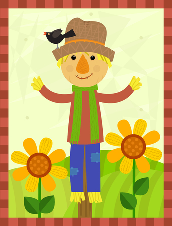 Happy Scarecrow - Cute scarecrow with a bird on his hat is standing in a field with flowers and a stripes border around it. Eps10のイラスト素材