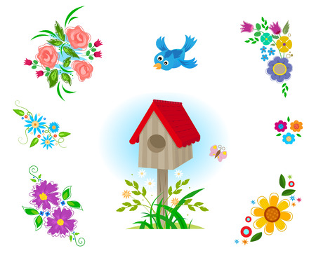 Flowers Clipart - Decorative set of six different flowers arrangements, bird house and a flying bird. Eps10のイラスト素材