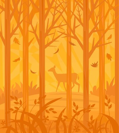 Autumn Scene - Decorative orange colored forest silhouette with a dear in the background. のイラスト素材