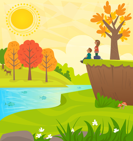 Hiking Day - Beautiful Landscape of hills, trees, river with fish, and a man and woman on a hilltop watching the view.  のイラスト素材