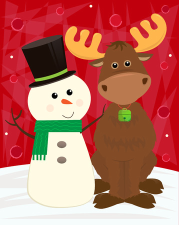 Snowman and Moose - Cute snowman stands next to his moose friend and in front of a red decorative background.  のイラスト素材