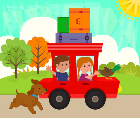 Kids Riding A Car - Boy and a girl at the park are riding a car with a duck and luggage on top and a cute dog is running next to them.のイラスト素材