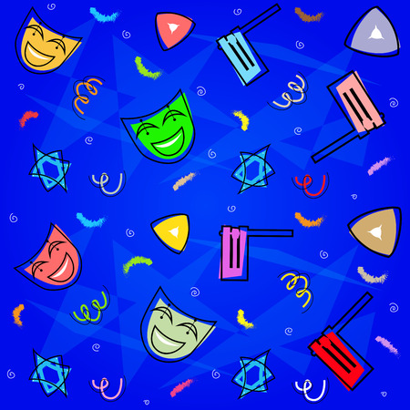 Purim Decorative Pattern - Seamless pattern of Purim elements on a blue background.のイラスト素材