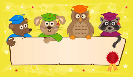 Animal Graduation Banner - Cute animals with graduation caps holding a blank banner with certificate seal in the corner.のイラスト素材