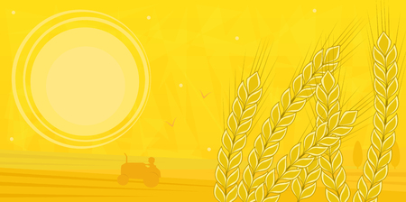 Field in Summer - Silhouette of a farmer driving a tractor in the field and stock of wheat in the foreground.のイラスト素材