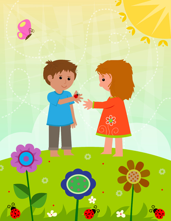 Boy and a girl are holding a ladybug, standing on a hill with flowers.のイラスト素材
