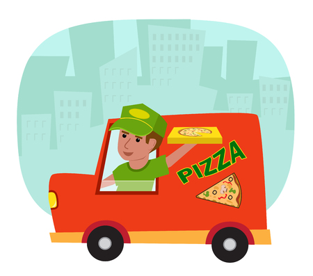 Pizza delivery truck with pizza delivery guy and a silhouette of a city in the background.のイラスト素材