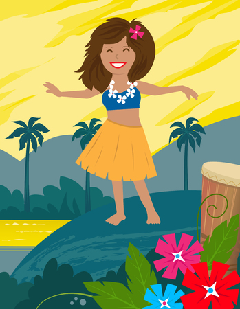 Cute hula dancer and a landscape of a tropical island behind her.のイラスト素材