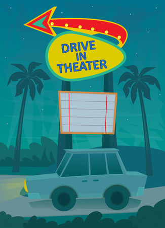 A night scene of a drive in theater entrance, with a neon sign and a car driving by.のイラスト素材