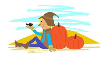 Scarecrow holding a small bird is sitting on the ground and leaning on a pumpkin.のイラスト素材