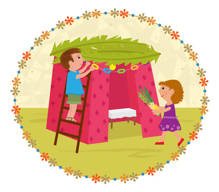 Cute clip art of a boy and a girl decorating Sukkah.のイラスト素材