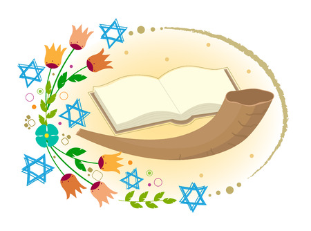 Horn with open book and flowers with stars of David around it.のイラスト素材