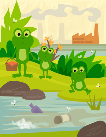 Frogs on a picnic day, looking at a dirty river, with a view of a factory behind them.のイラスト素材