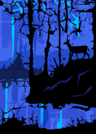 Silhouette of a deer in the forest looking at a lake on blue abstract background.のイラスト素材