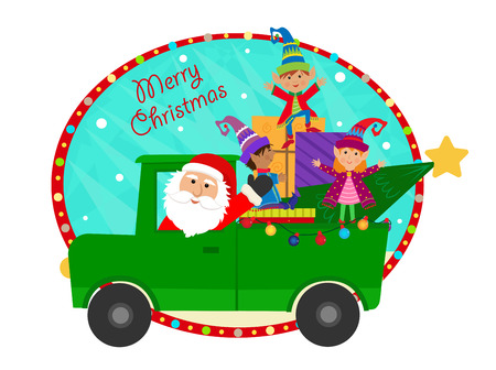 Cute clip art of Santa driving a pickup truck full of presents and cheering elves.のイラスト素材