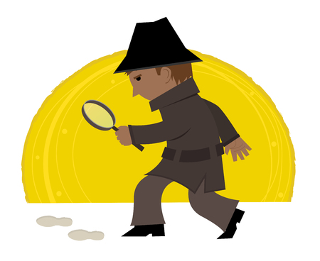 Cartoon clip art of a detective holding a magnifying glass and looking at footprints. Eps10のイラスト素材