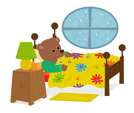 Cute bear is laying in his bed with a thermometer in his mouth. Eps10のイラスト素材