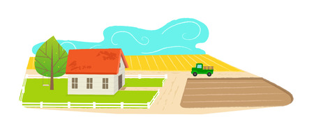 Cute cartoon farmhouse with a farmland view. Eps10のイラスト素材