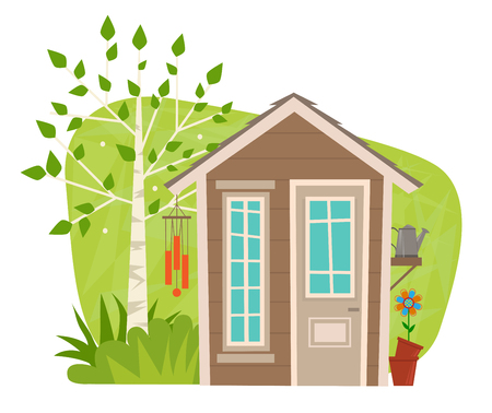 clip-art of a small garden shed with tree, wind chime, watering can and flower. Eps10のイラスト素材