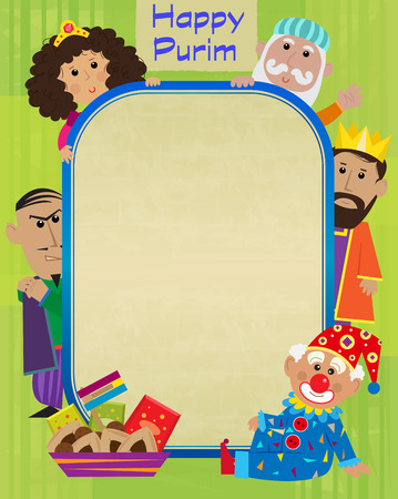 Happy Purim blank sign with the holiday characters around it. Eps10のイラスト素材