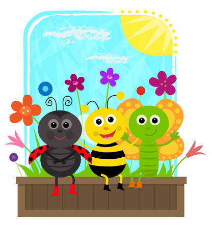 cute butterfly, bee and a ladybug are sitting together on a planter box. Eps10のイラスト素材