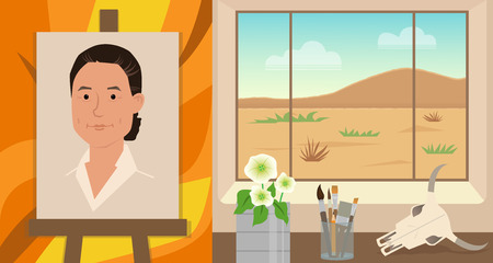 Cute illustration of young Georgia O'Keeffe and her studio. Eps10のイラスト素材