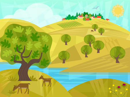 Rural landscape of a river with hills, trees, deer and houses.のイラスト素材