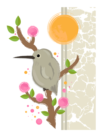 Cute deign of a bird standing on a blooming branch. Eps10のイラスト素材