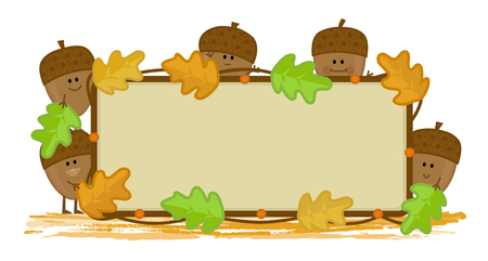 Cheerful acorns with autumn leaves holding a blank sign. Eps10のイラスト素材