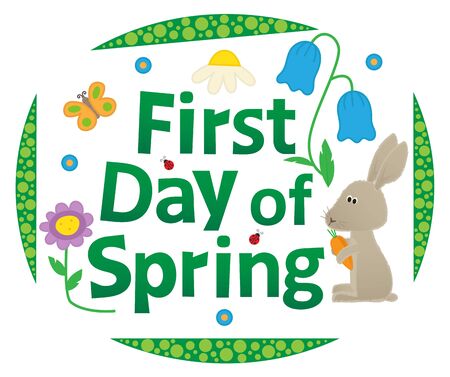 First day of spring cute sign with rabbit and flowers.のイラスト素材