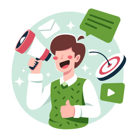 Young man with megaphone and social media icons. Vector illustrationのイラスト素材