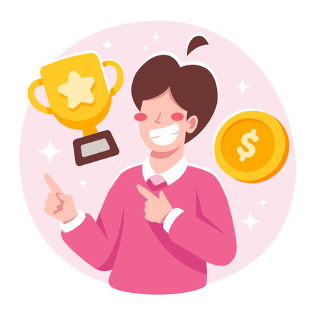 Successful businesswoman with golden trophy cup and coin. Vector illustration in flat styleのイラスト素材