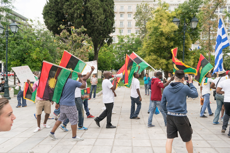 DATE: 30 may 2015. LOCATION: Sintagma in Athens Greece. EVENT: the 30th may rally day in remembrance of Biafrans fallen heroes who died in the genocidal war committed against biafrans by the Nigerians.のeditorial素材
