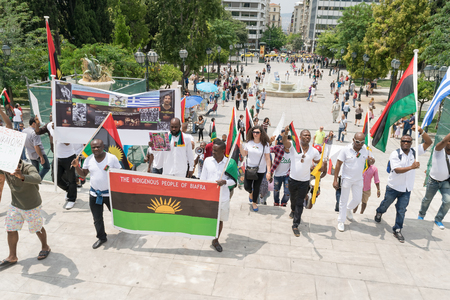 DATE: 30 may 2015. LOCATION: Sintagma in Athens Greece. EVENT: the 30th may rally day in remembrance of Biafrans fallen heroes who died in the genocidal war committed against biafrans by the Nigerians.のeditorial素材