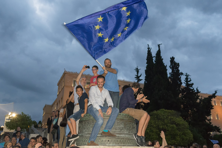 Athens, Greece, 30 June 2015. Greek people demonstrated against the government about the upcoming referendum. People in the demonstration are in favor of voting yes in the referendum.のeditorial素材