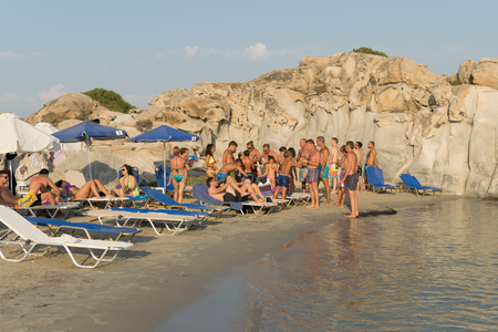 Paros, Greece, 06 August 2015. Tourists and local people having fun at Kolimbithres beach in Paros island.のeditorial素材