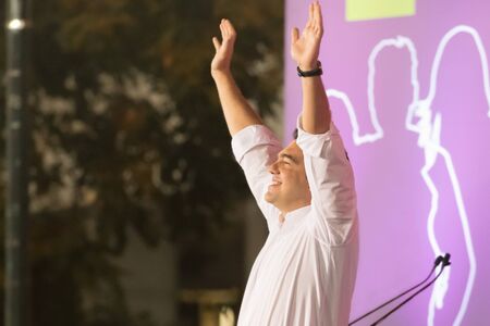 Athens, Greece 18 September 2015. Alexis Tsipras waving to the crowd in his last public speech.のeditorial素材