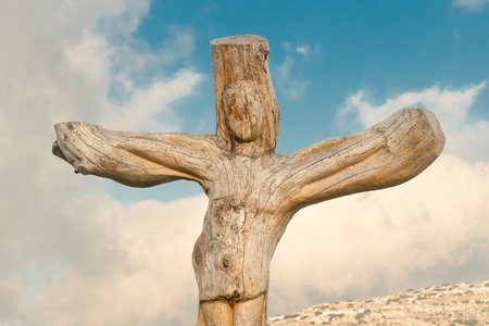 Athens, Greece 02 January 2016. Cross torture wood carving at the park of lost souls Parko Psychon at Parnitha mountain.のeditorial素材