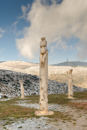 Athens, Greece 02 January 2016. Beautiful park with wooden carvings by Spyridon Dasiotis.The park of the lost souls is located at Parnitha mountain in Greece.のeditorial素材