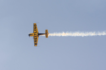 Athens, Greece 13 September 2015. Close up of an aviator plane doing aerobatics at the Athens air week flying show.のeditorial素材