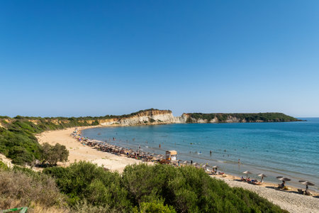 Local people and tourists enjoying Gerakas beach in Zakynthos island in Greece.の写真素材