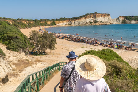 Zakynthos 25 July 2023. People enjoying Gerakas beach in Zakynthos island in Greece.のeditorial素材