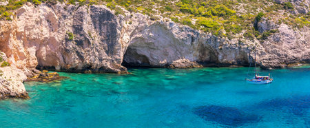Panorama of famous porto limnionas beach in Zakynthos island in Greece.の写真素材
