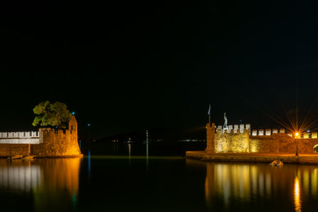 Night view of port of Nafpaktos in Greece.の写真素材