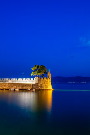 Nafpaktos port in Greek during blue hour. A famous touristic destination.の写真素材