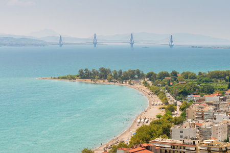 Top view of Nafpaktos against the bridge of Rio-Antirio.の写真素材