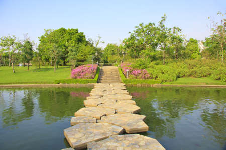 Stone Pathway in a Lush Green Park canal water の写真素材